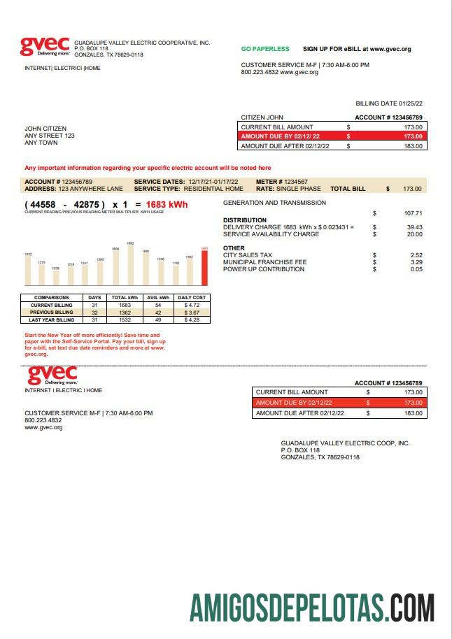 Para baixar modelo de conta de serviços públicos EUA Texas GVEC em formato Word e PDF
